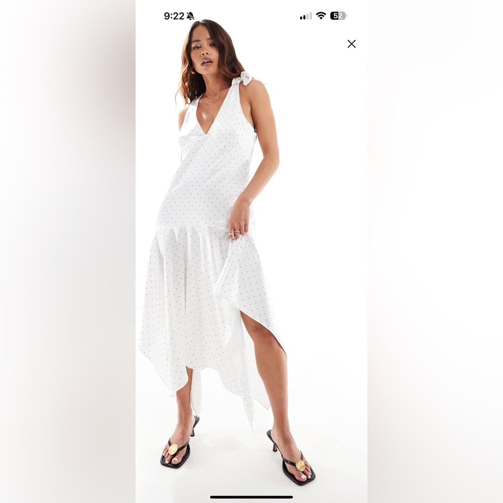ASOS Satin V-Neck Midi Dress In White & Green Polka Dot